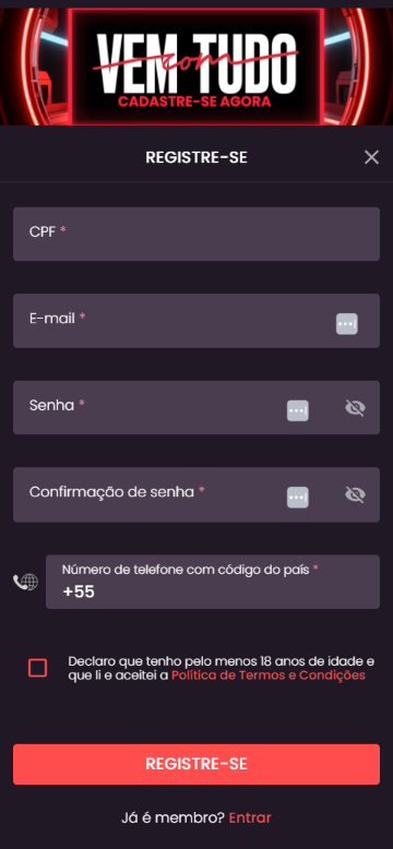 Captura de tela da página de Cadastro da Onabet cassino