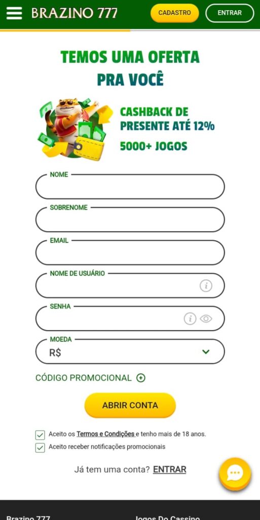 Formulário para se cadastrar na Brazino777 com campos para preencher nome, email, senha e mais.