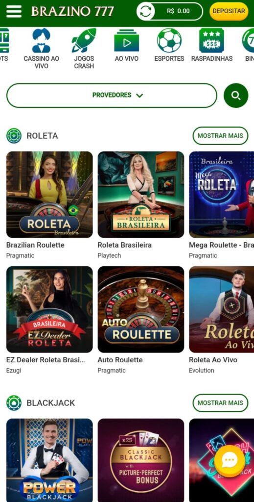 Jogos de cassino ao vivo na Brazino777 com opções de roletas e blackjack.