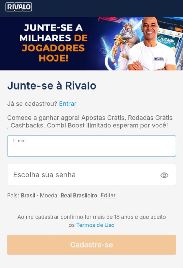 Formulário de cadastro da Rivalo com campos para criar senha e botão "Cadastre-se".