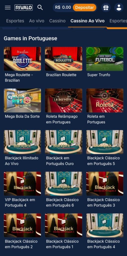 Cassino ao vivo Rivalo com roletas e outros jogos ao vivo em português.