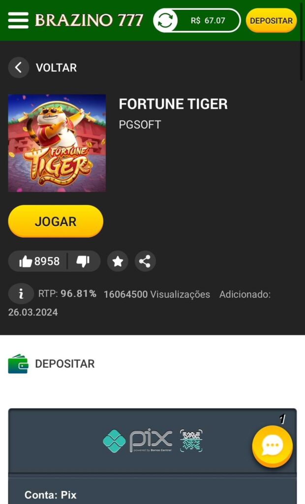 Fortune Tiger na Brazino777 com informações sobre RTP e atalho para depósito via Pix.