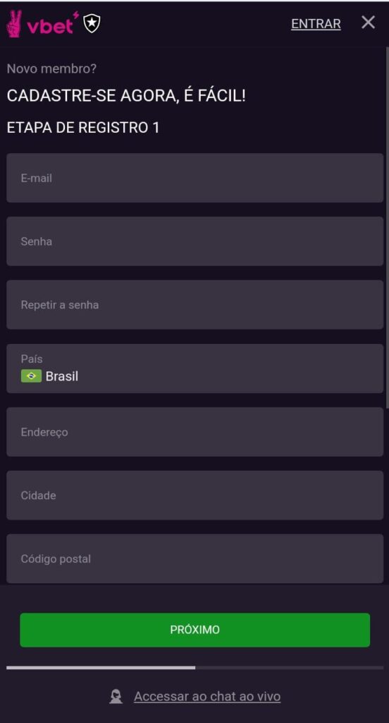 Tela do site Vbet na etapa de cadastro.