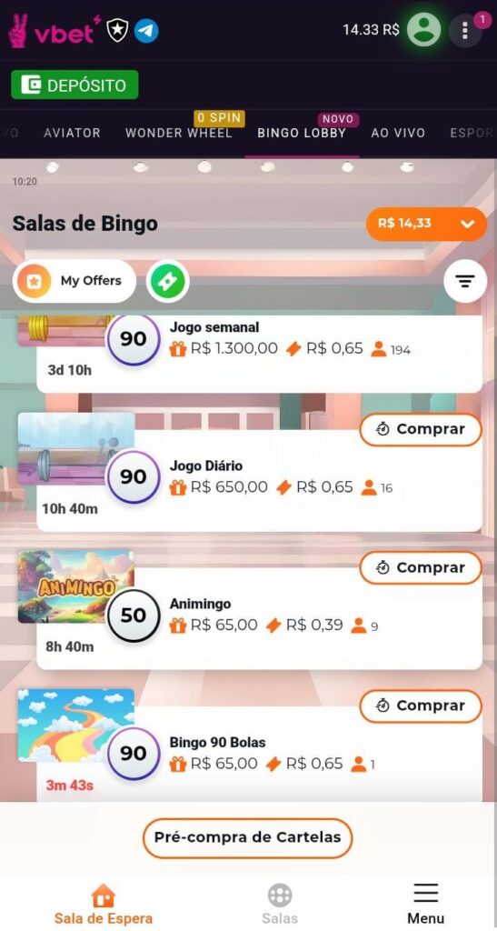 Captura de tela do site Vbet exibindo o bingo lobby