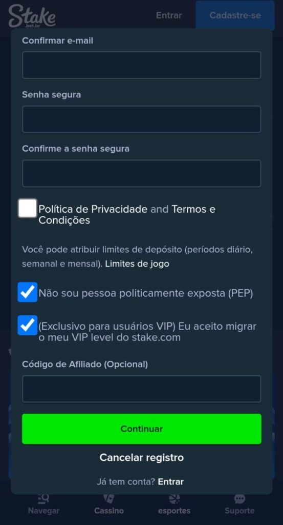 Formulário de cadastro da Stake, com campos vazios de confirmar e-mail, senha segura e botão de Continuar