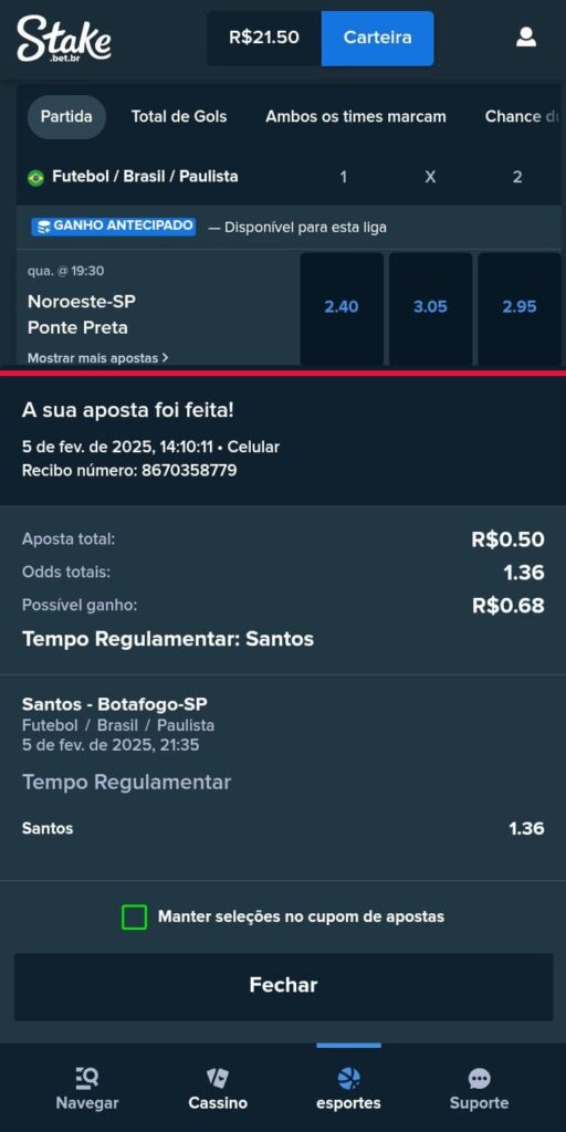 Boletim de apostas na Stake de R$0,50 para a vitória do Santos no jogo Santos e Botafogo-SP pelo Campeonato Paulista de 2025