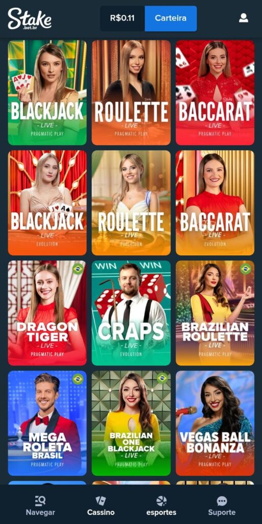 12 jogos de cassino ao vivo da Stake, incluindo Blackjack, Roluette, Baccarat, Dragon Tiger e Craps