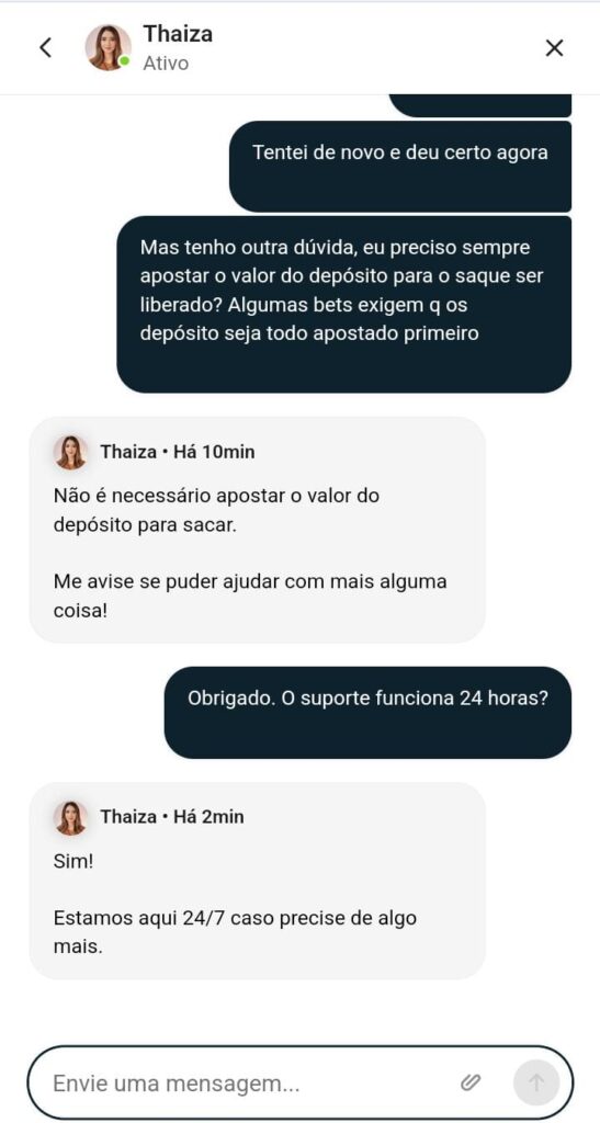 Conversa no chat ao vivo da Stake sobre dúvidas de saque com a atendente Thaiza
