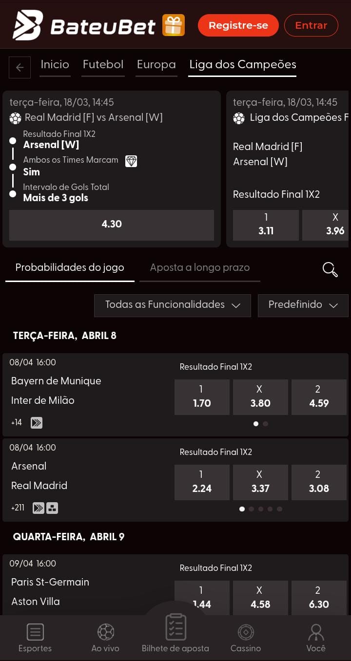 Apostas da Liga dos Campeões na da BateuBet, com destaque para combo de apostas do jogo Real Madrid x Arsenal