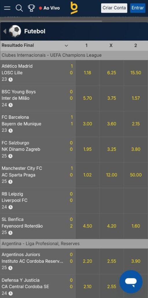 Livro de apostas com jogos da UEFA Champions League, no mercado de Resultado Final, da Betnacional