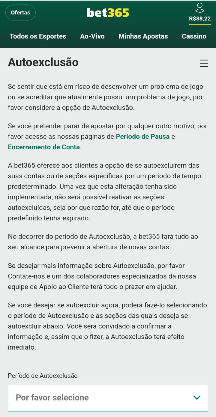 Área de autoexclusão da Bet365 com possibilidade de restringir acesso ao site, áreas da plataforma e mais informações