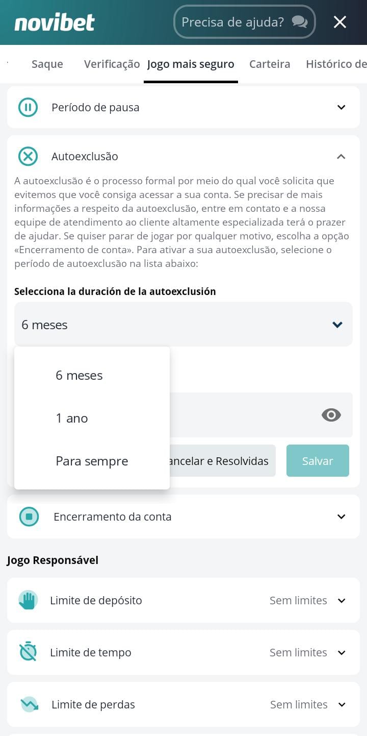 Área de jogo responsável da Novibet com opções de autoexclusão por 6 meses, 1 ano e para sempre.