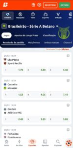 Seção de apostas no Brasileirão Série A Betano com mercados e odds. Acima aparece o menu de esportes.