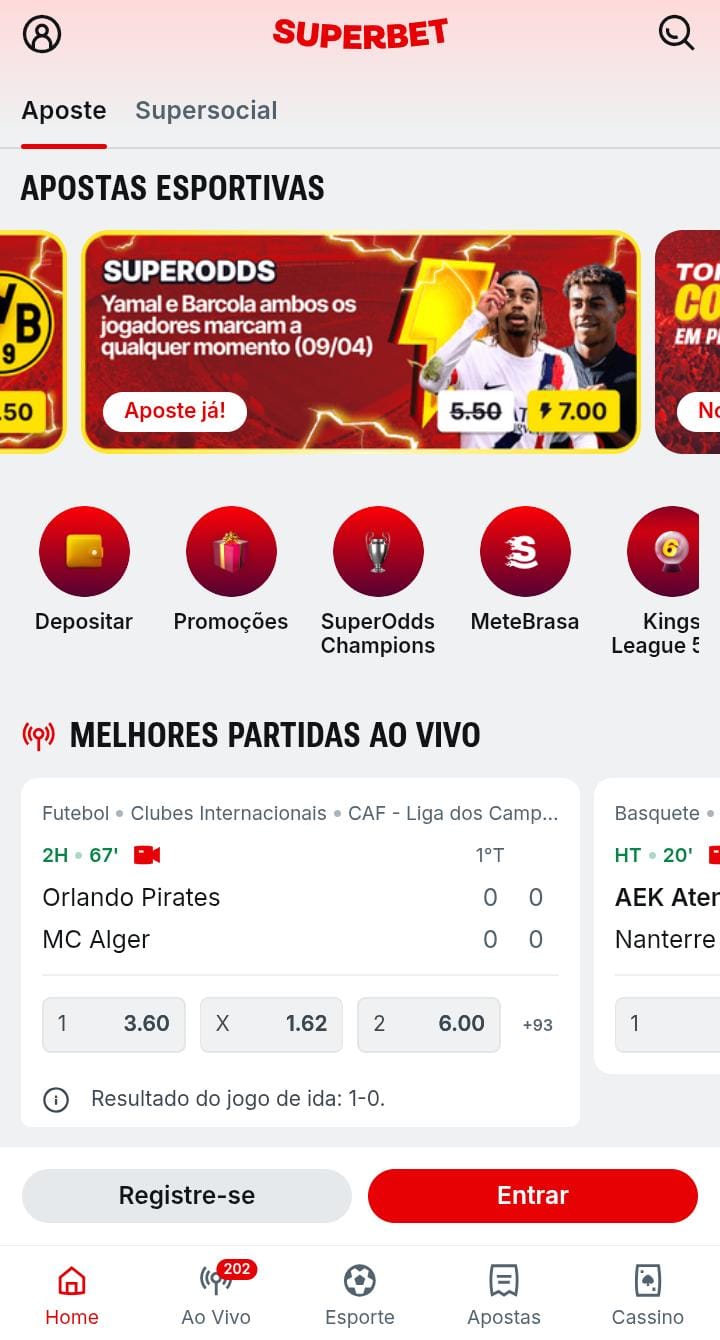 Banner de uma Super Odd e odds da partida ao vivo Orlando Pirates x MC Alger na Superbet