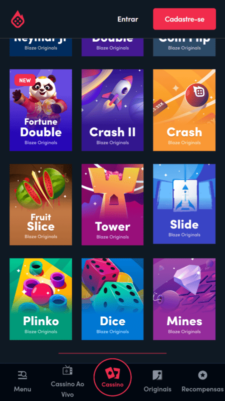 Jogo da bombinha na Blaze com outros títulos como Crash 2, Dice e Plinko.
