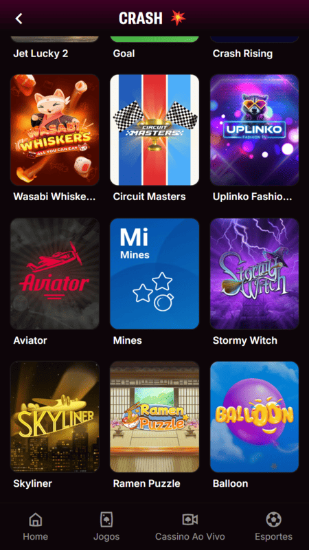 Jogo da bombinha na Superbet na seção de crash games, com Aviator, Balloon e mais.
