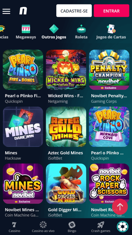 Jogo Mines na Novibet com outros jogos do catálogo, como Peark Plinko.