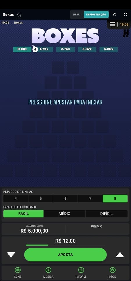 Jogo Boxes com aposta em R$12, grau de dificuldade fácil e botão para começar a jogar.
