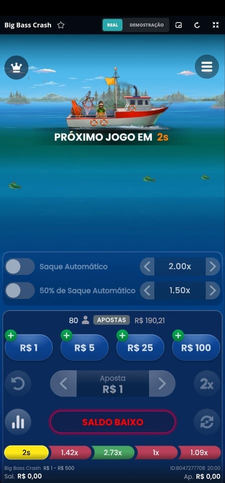 Big Bass Crash com aposta definida em R$1 e recursos de saque automático desativados e barco no topo da tela.

