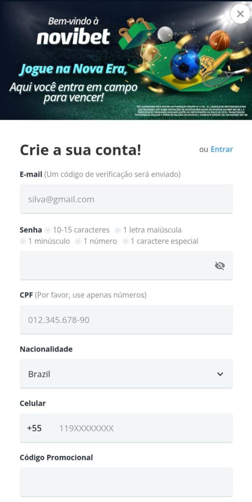 Formulário de cadastro da Novibet para preenchimento de email, senha, CPF, nacionalidade, telefone e código promocional
