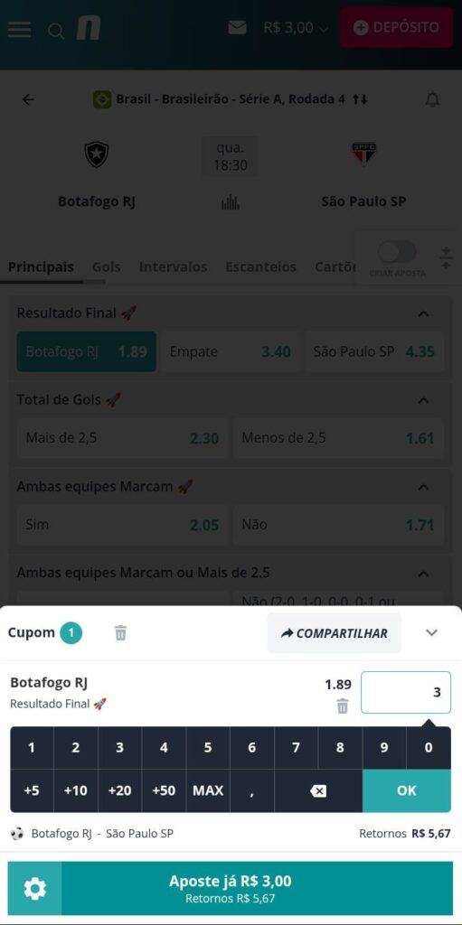 Boletim de apostas de R$3 com seleção para vitória do Botafogo com odd 1.89 e retorno potencial de R$5,37