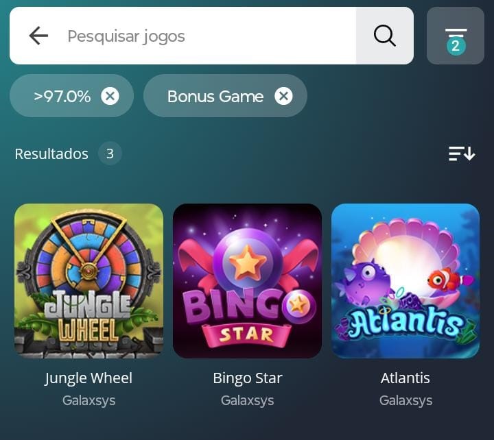 Sistema de busca de jogos de cassino da Novibet com filtros para jogos com bônus e RTP acima de 97%