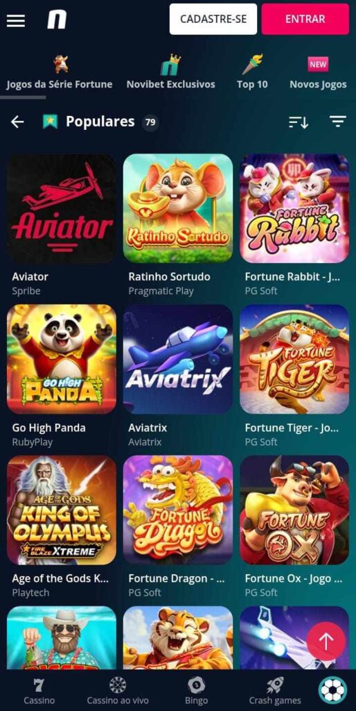 Seção dos jogos populares do cassino da Novibet com Aviator, Ratinho Sortudo e mais.