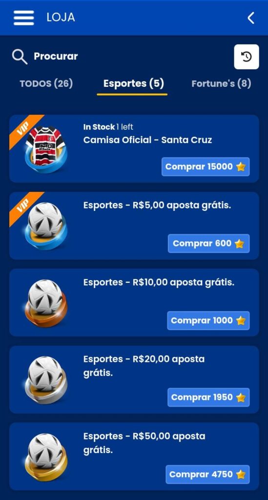 Lista de prêmios, incluindo camisa do Santa Cruz e apostas grátis, da loja do Programa de Fidelidade da BetdáSorte
