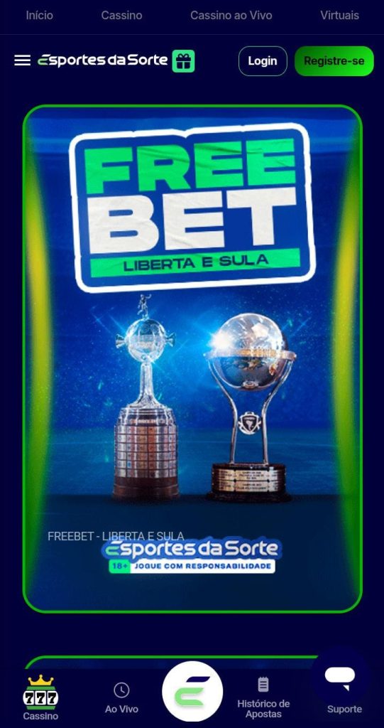 Banner da promoção de apostas grátis para Libertadores e Sulamerica na Esportes da Sorte, com as taças em destaque