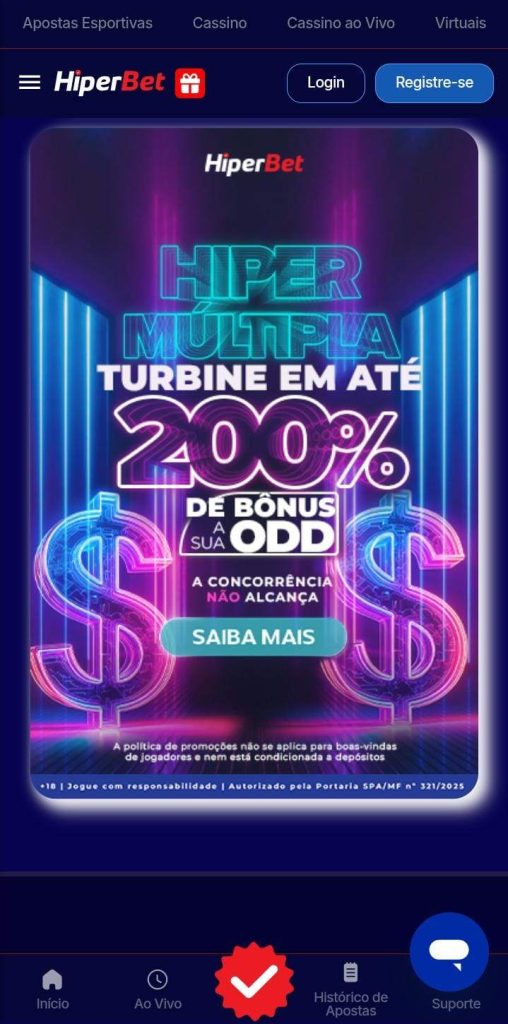 Bônus de Hipermúltipla da HiperBet, com aposta turbinada em até 200% e botão de Saiba Mais