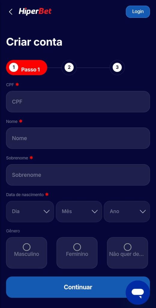 Formulário de cadastro da HiperBet, com campos vazios de CPF, Nome, Sobrenome e Data de Nascimento