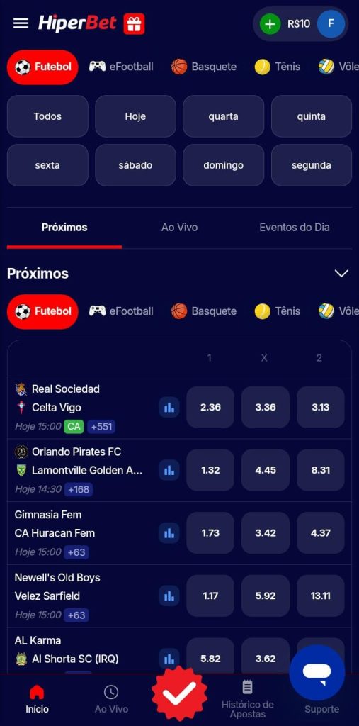 Livro de apostas em futebol da Hiperbet, com lista de eventos de diferentes jogos de futebol no mercado 1x2