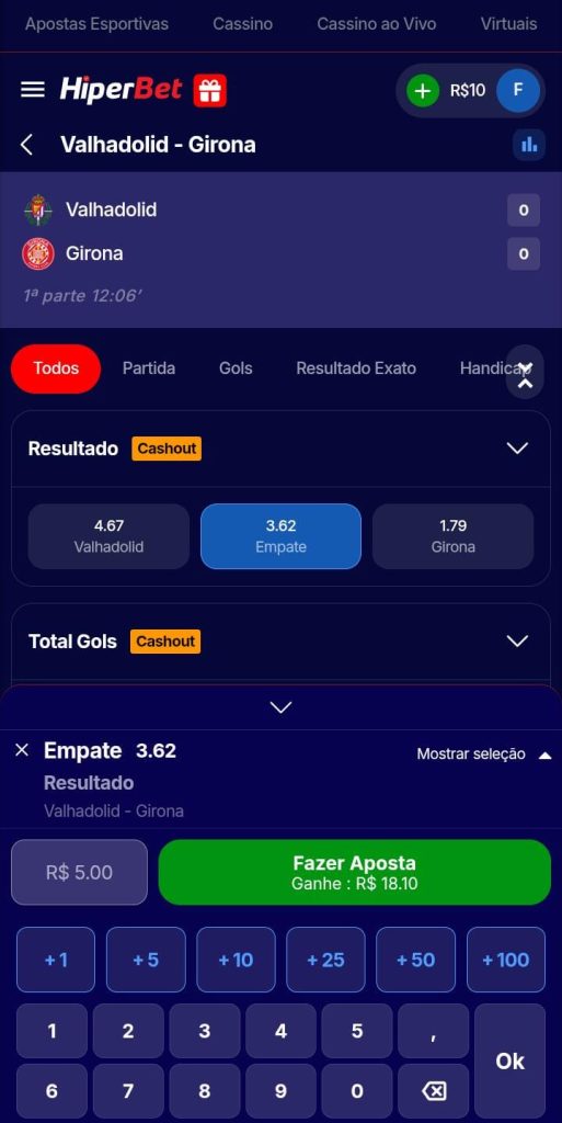 Cupom de apostas de R$5 no empate, com odds 3.62, para o jogo Valhadolid vs Girona na HiperBet