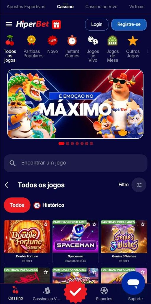 Seleção de jogos de cassino da HiperBet, como Double Fortune e Spaceman e banner É emoção o máximo, com personagens de jogos famosos