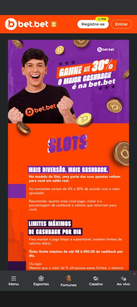 Cashback da Bet.bet diário com até 30% de reembolso nos slots, com limite máximo de R$ 6.000 por dia.
