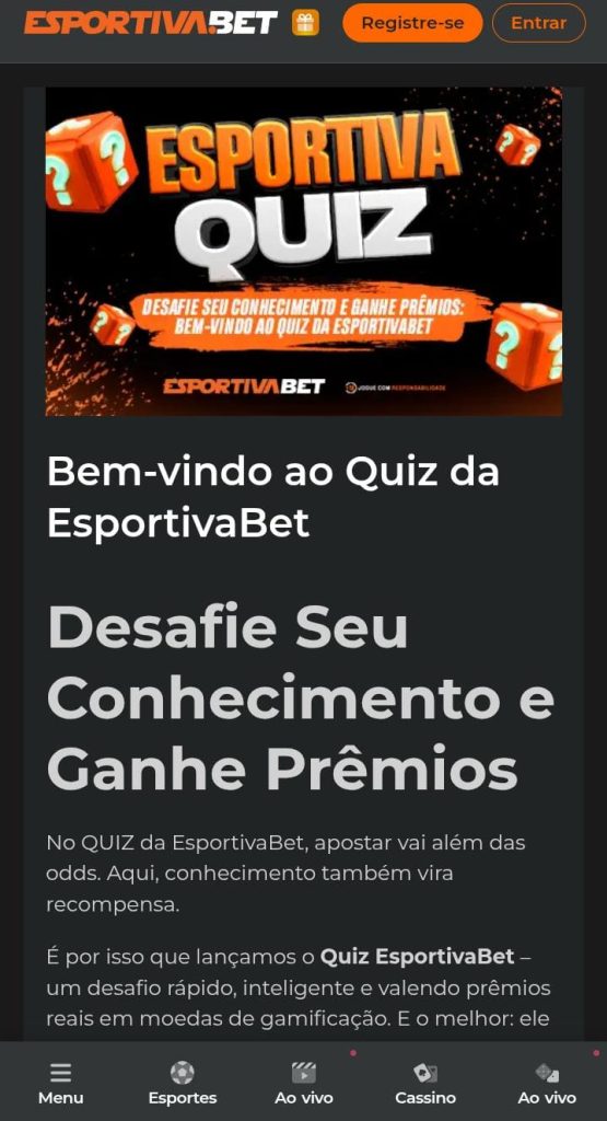 Banner do Quiz da EsportivaBet e trecho do texto explicativo sob o título Desafie Seus Conhecimento e Ganhe Prêmios