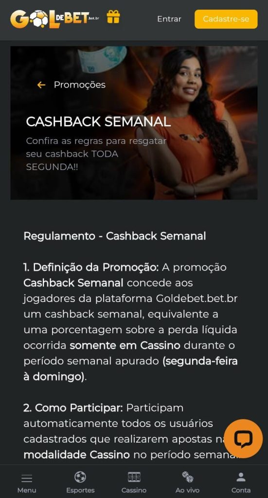 Oferta de cashback semanal da GoldeBet com regulamento e informações como pagamento de parte das perdas às segundas-feiras