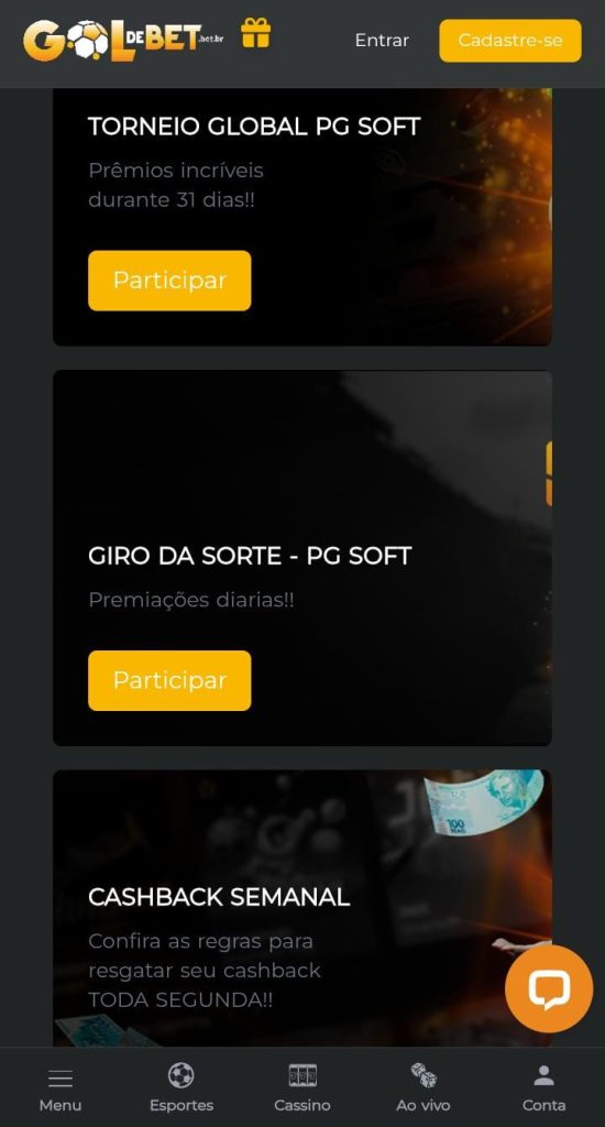 Ofertas da Gol de Bet com torneio da PG Soft, giro da sorte e cashback semanal.