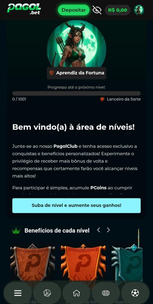 Oferta do Pagol Club, com cashback conforme níveis de benefícios na plataforma. Botão de participação para subir de nível.