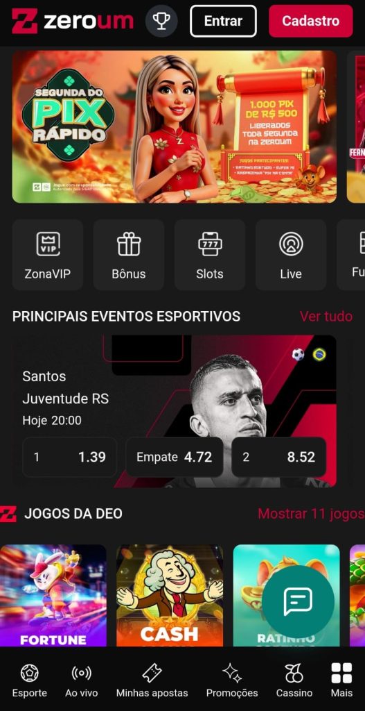 Banner da oferta segunda do Pix Rápido e odds do jogo Santos e Juventude na Zeroumbet