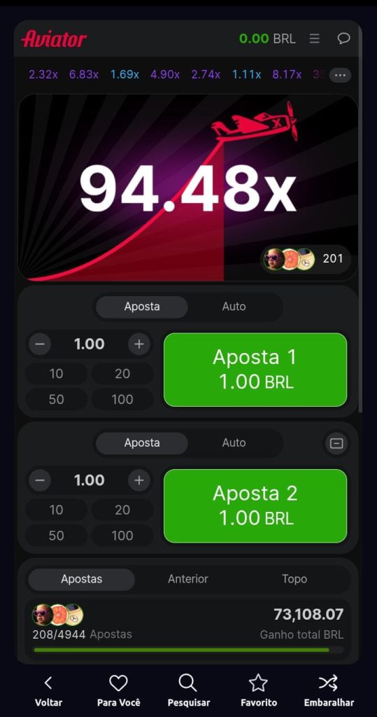 Aviator na Betano com multiplicador de 94.98x na tela e dois botões com apostas mínimas de R$ 1 definidas.