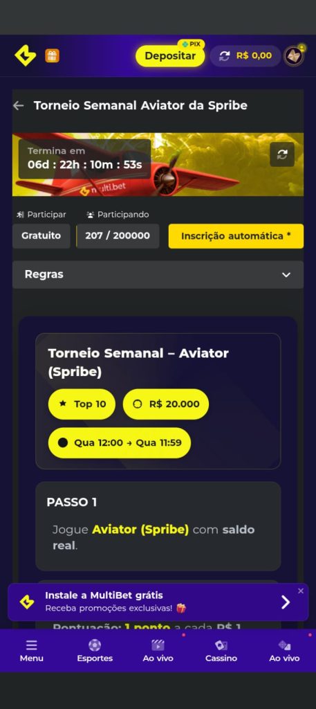 Torneio do Aviator da Multibet com prazo de 6 dias e informações como gratuidade para participar.
