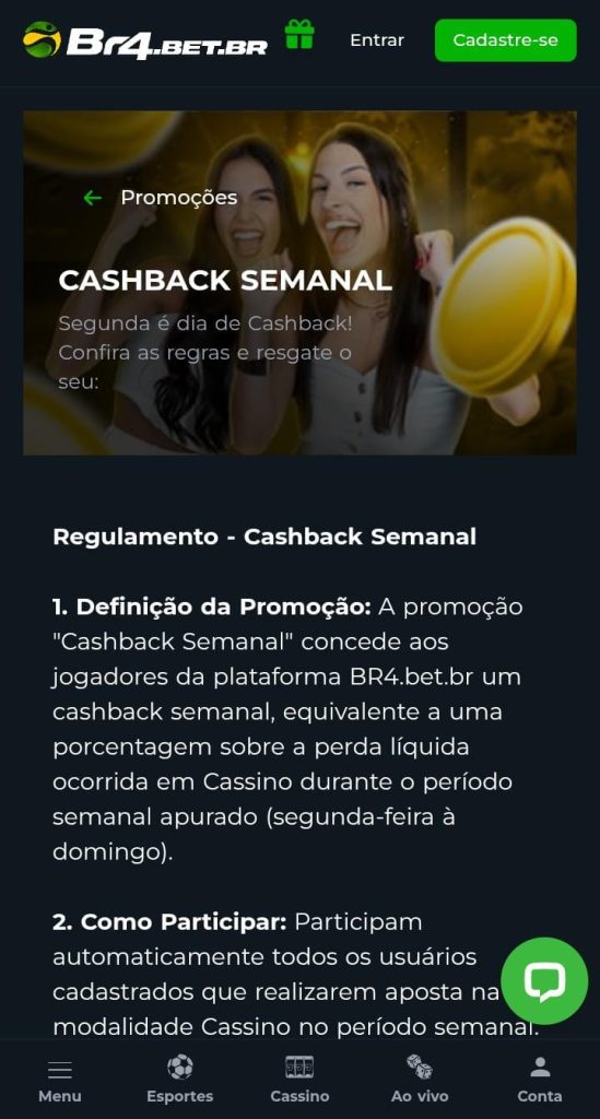 Cashback semanal da BR4Bet com reembolso de até 10% das perdas no cassino.