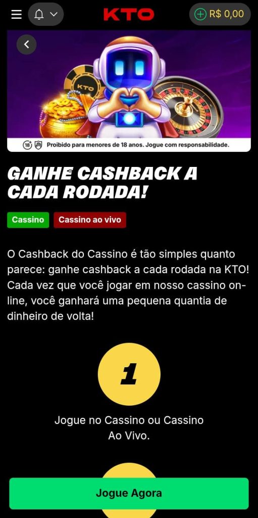 Cashback da KTO a cada rodada com informações sobre validade no cassino e cassino ao vivo e botão para jogar agora.
