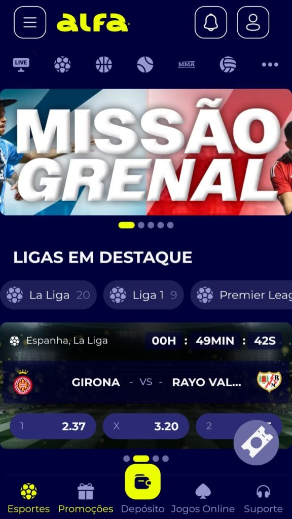 Banner da Missão Grenal e odds do jogo entre Girona x Rayo Vallecano na Alfa.bet