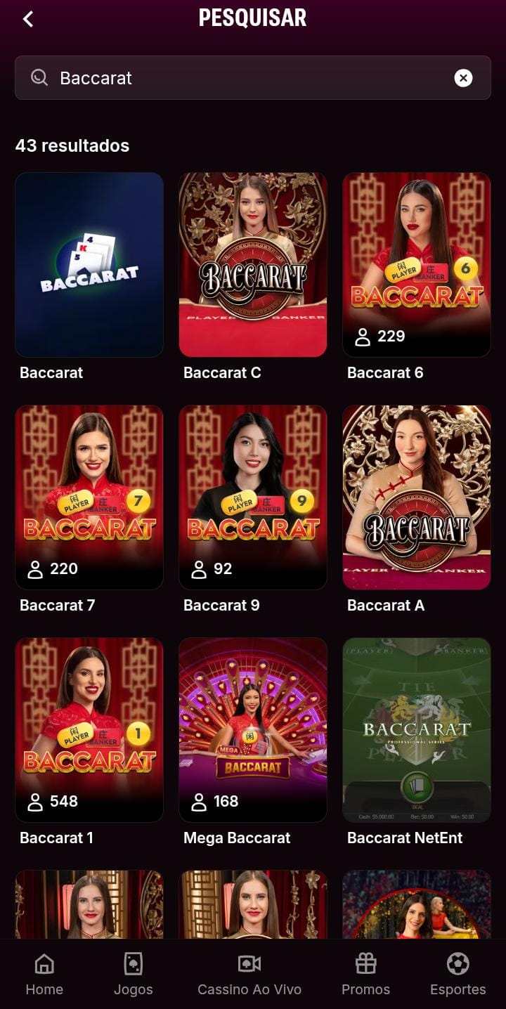 Pesquisa com 43 resultados dos tipos de jogos de bacará na Superbet