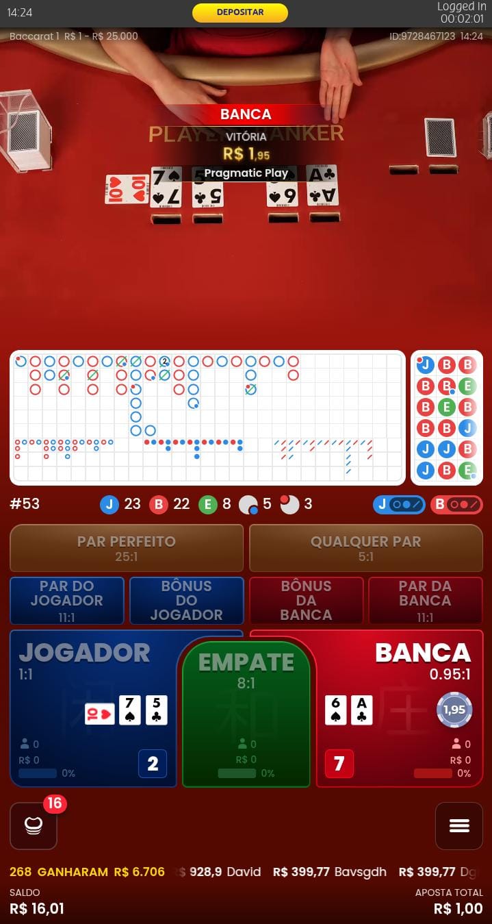 Mesa de bacará, com botões de apostas, histórico de apostas e exibição das cartas da rodada