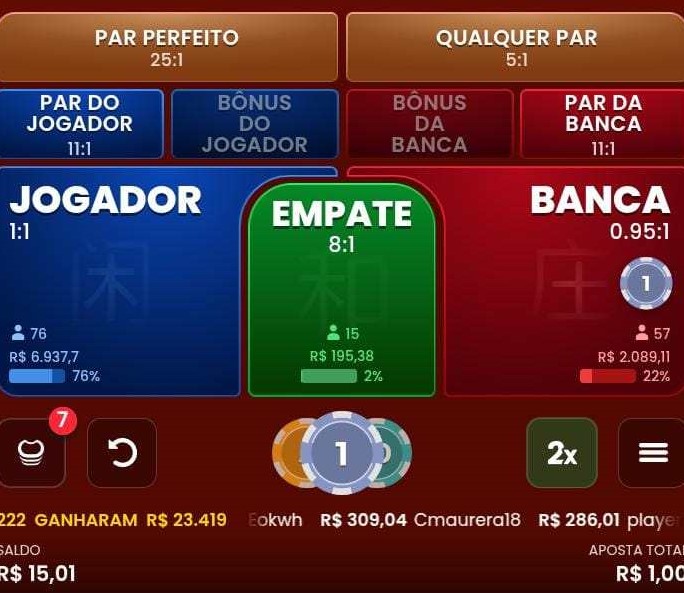 Botões de diferentes tipos de apostas de bacará, incluindo jogador, banca, par perfeito, entre outras