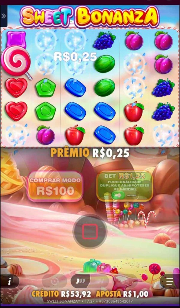 Sweet Bonanza com prêmio na tela de R$0,25 e espaço para que mais símbolos caiam na cascata.