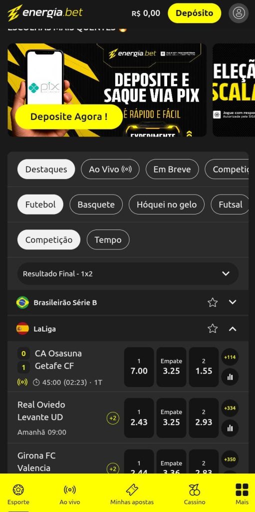 Apostas de futebol da Energia Bet com jogo ao vivo e pré-jogo, e botão de depósito via Pix